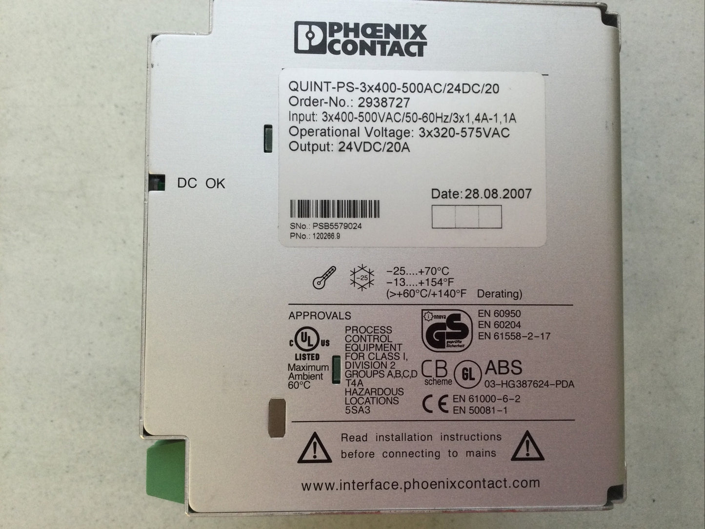1PC   PHOENIX CONTACT 2938727 POWER SUPPLY UNIT QUINT-PS-3X400-500AC/24DC/20