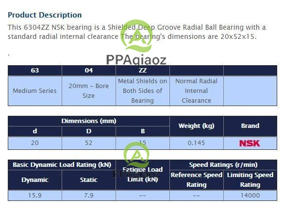 5PCS NSK 6304 ZZ Deep Groove Radial Ball Bearing 20x52x15mm #P