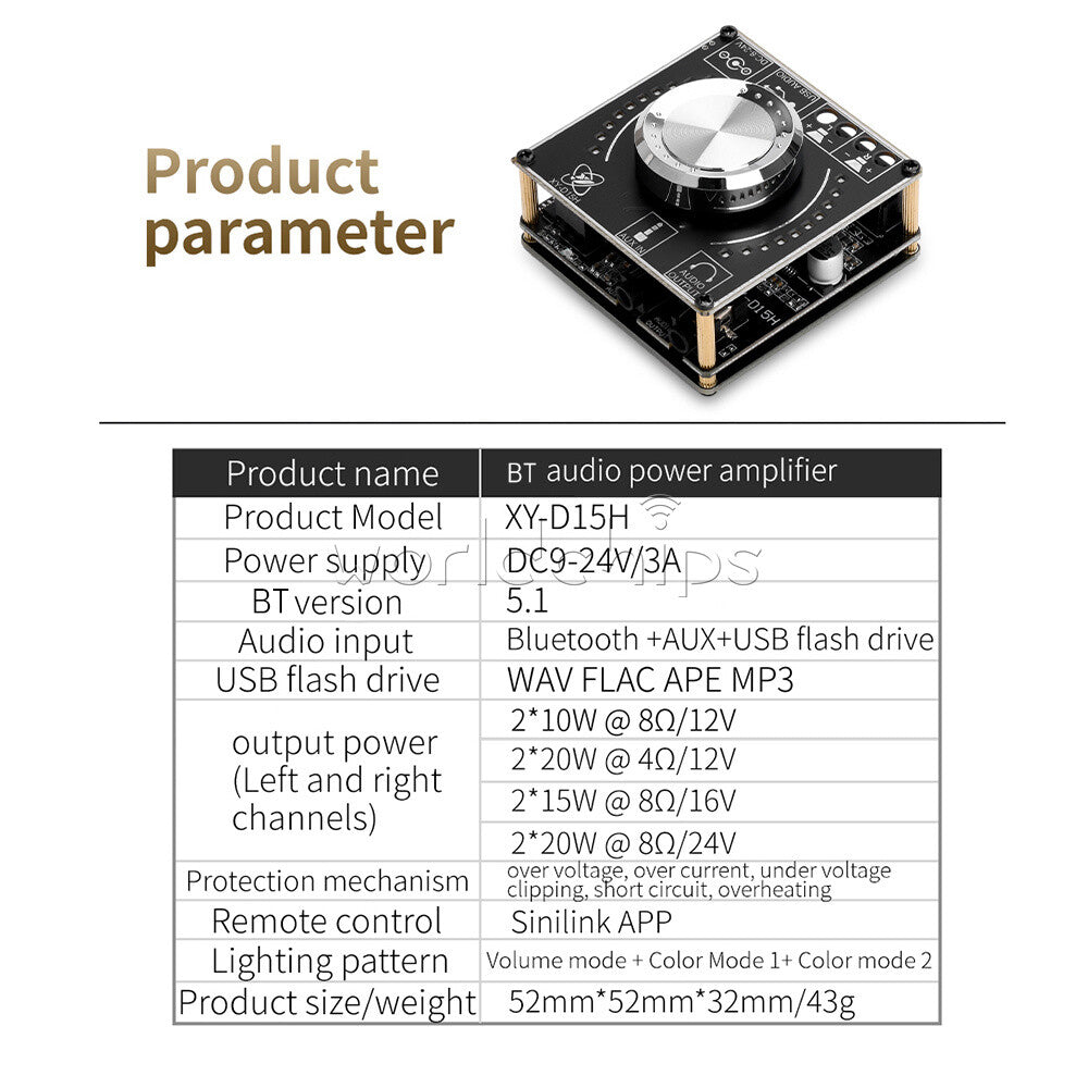 XY-D15H APP Control Bluetooth Digital Power Audio Amplifier Board Colorful Light