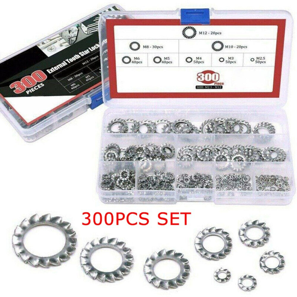 300 Pcs/Set Silver Washers  304-Stainless Steel External Star Assortment-Kit