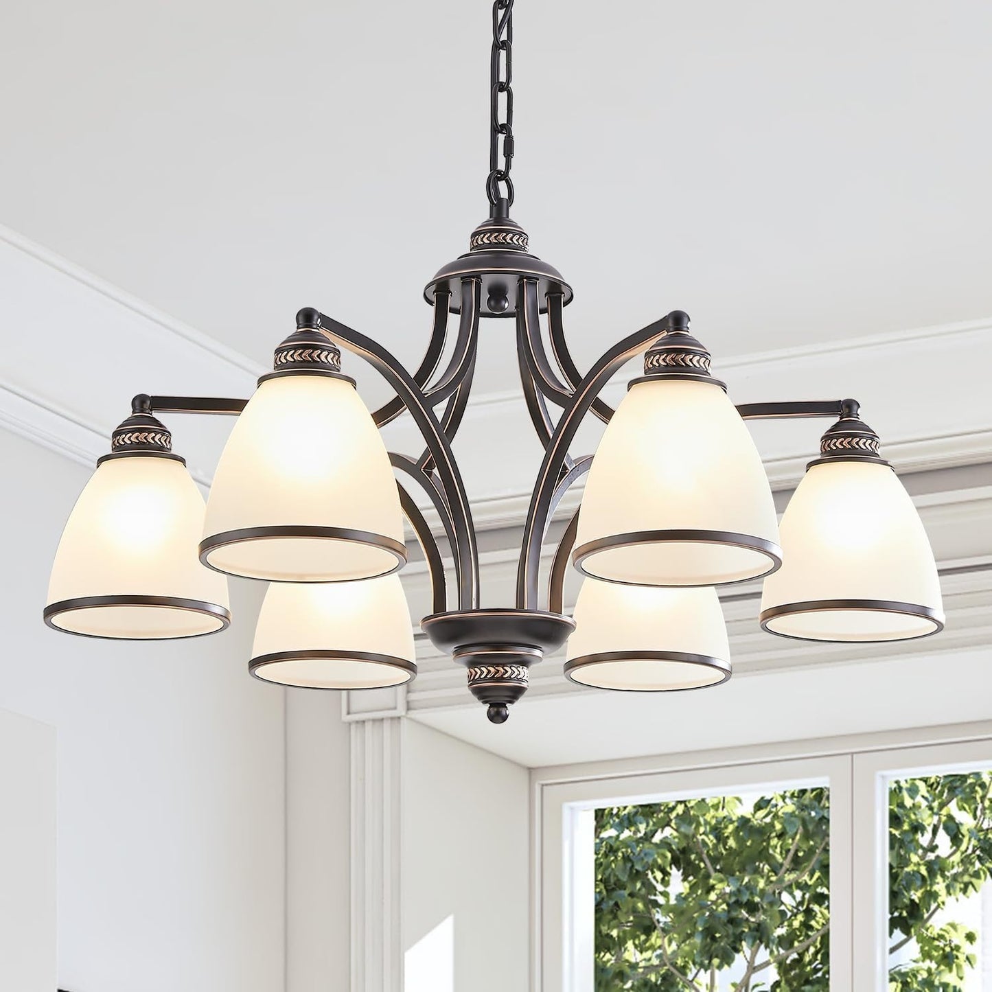 6-Light Chandelier with Frosted Glass, Black and Gold Strokes, 30 Inch