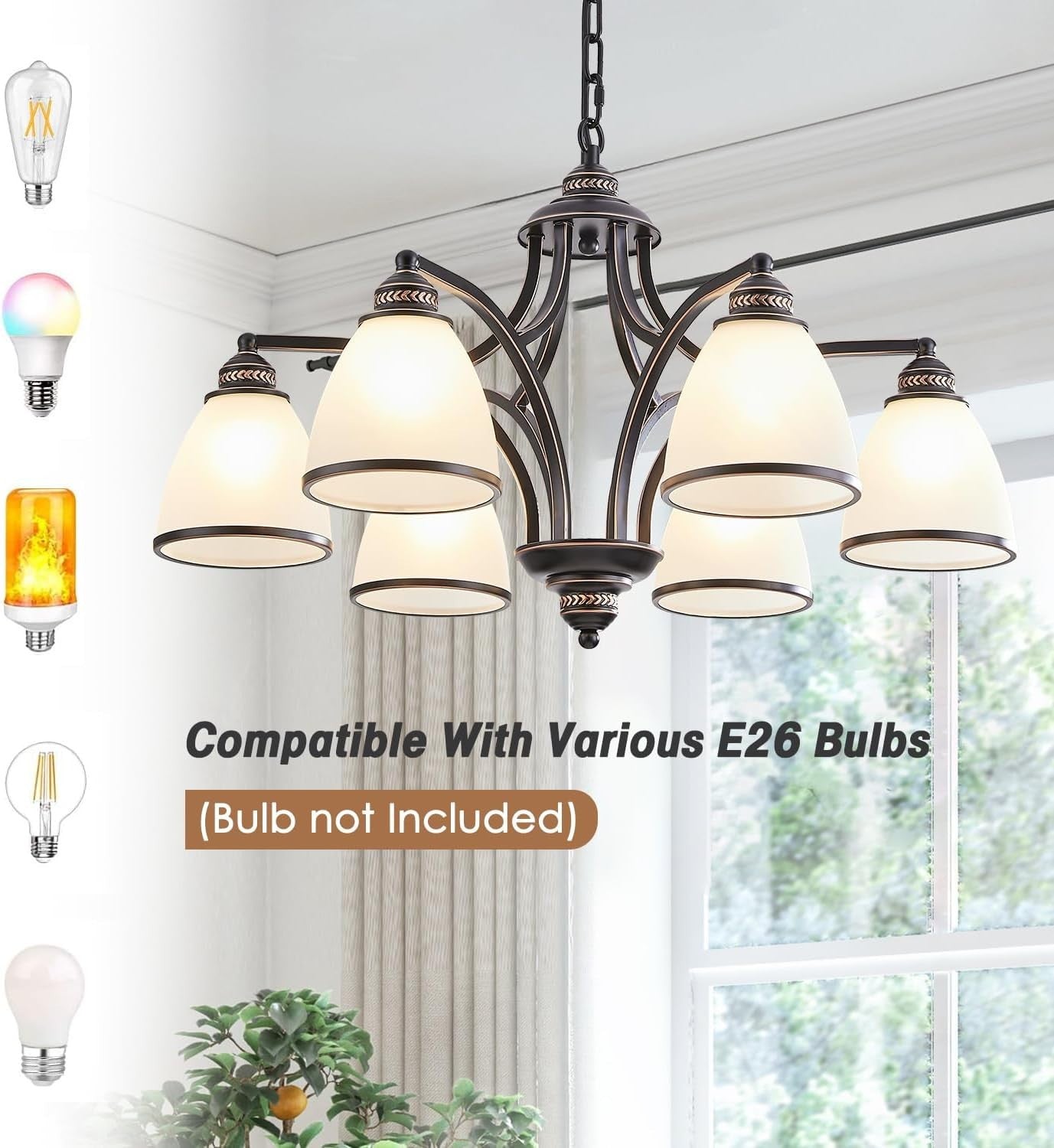 6-Light Chandelier with Frosted Glass, Black and Gold Strokes, 30 Inch