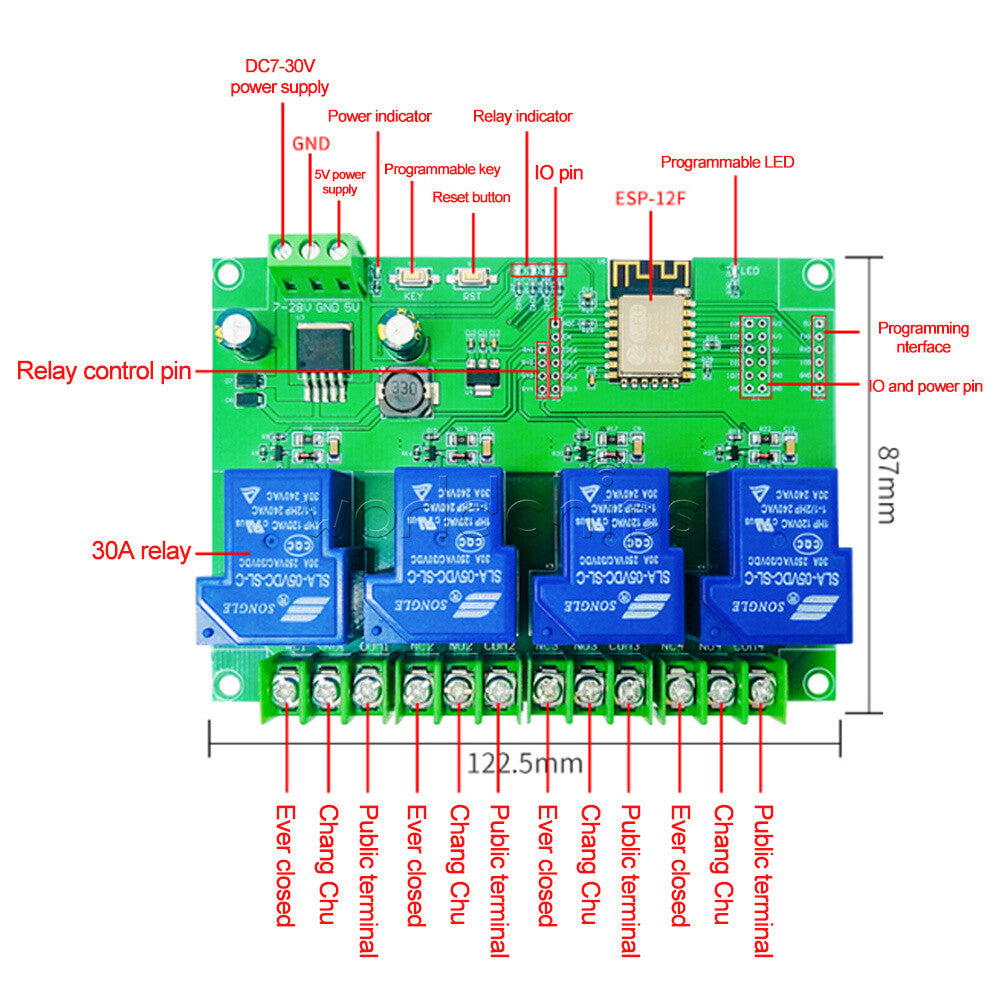 ESP-12F Power Supply Development Board DC7-28V 5V ESP8266 4CH 30A Relay Module