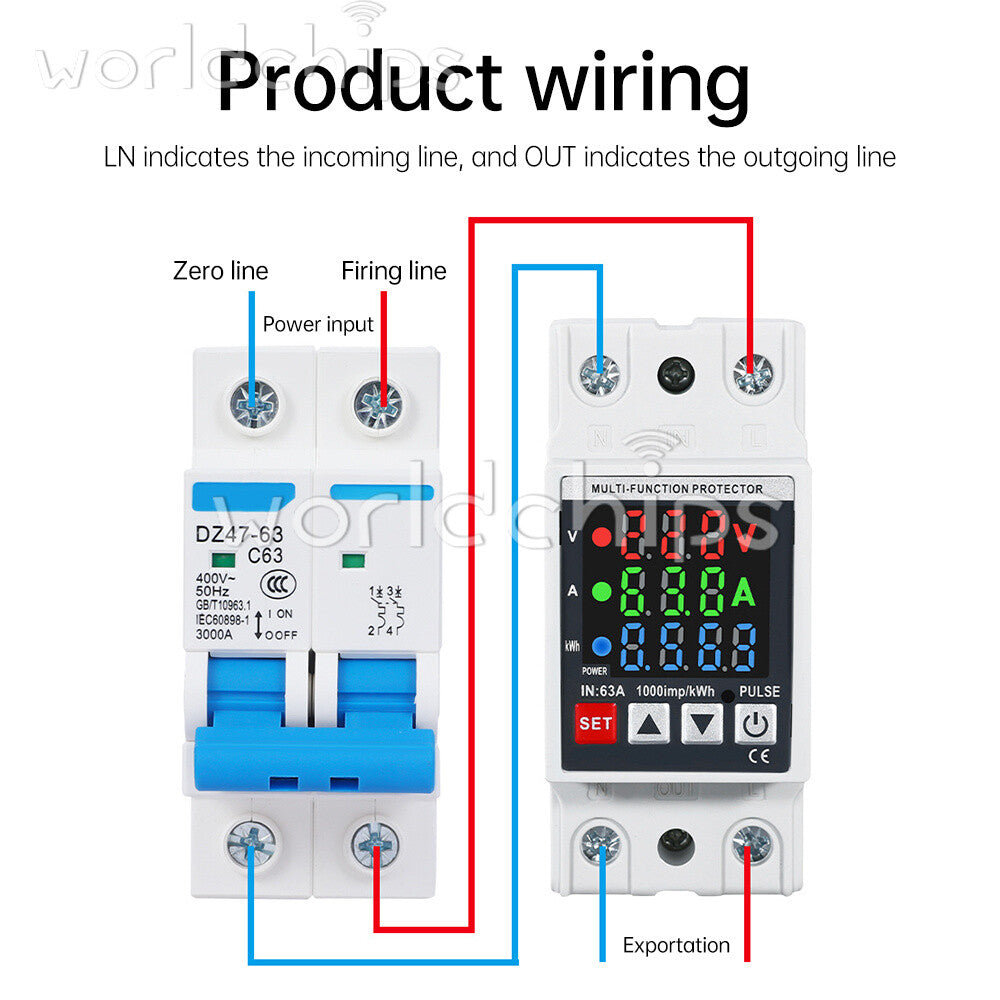 35mm Rail Self-Reclosing Voltage Current Power Meter KWh Voltmeter Ammeter 63A