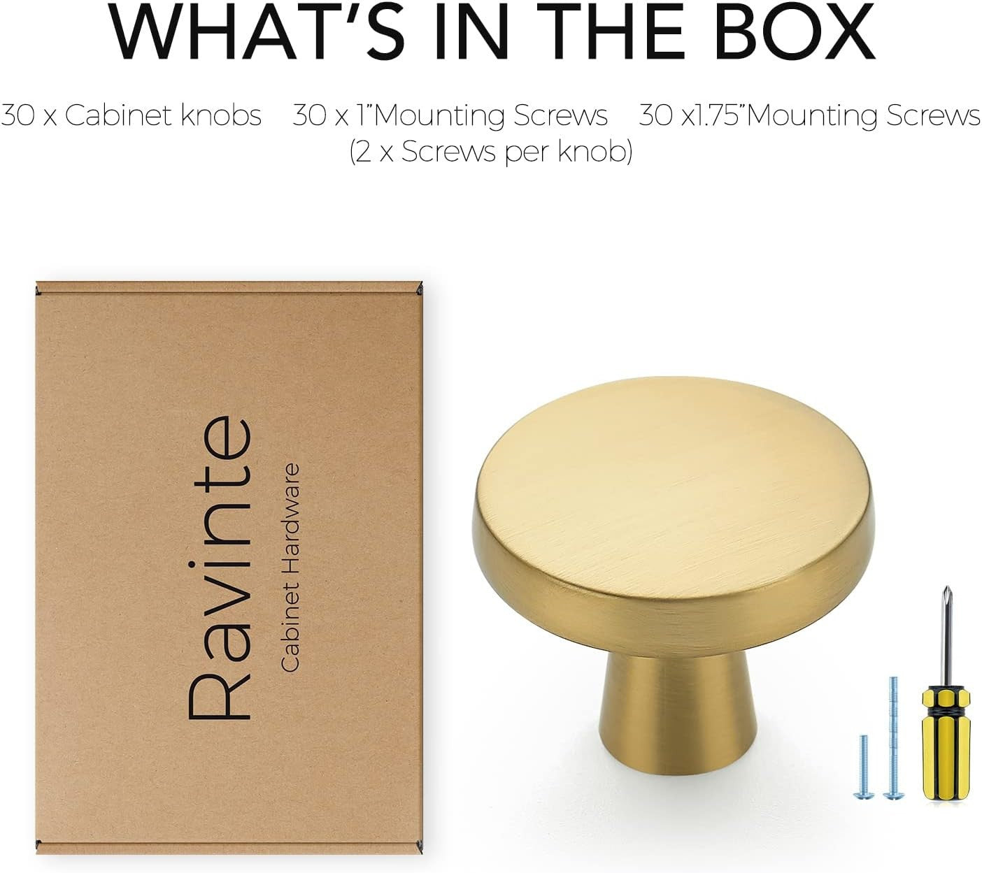 30-Pack Solid Cabinet Knobs, Round Pulls, Brushed Brass Finish