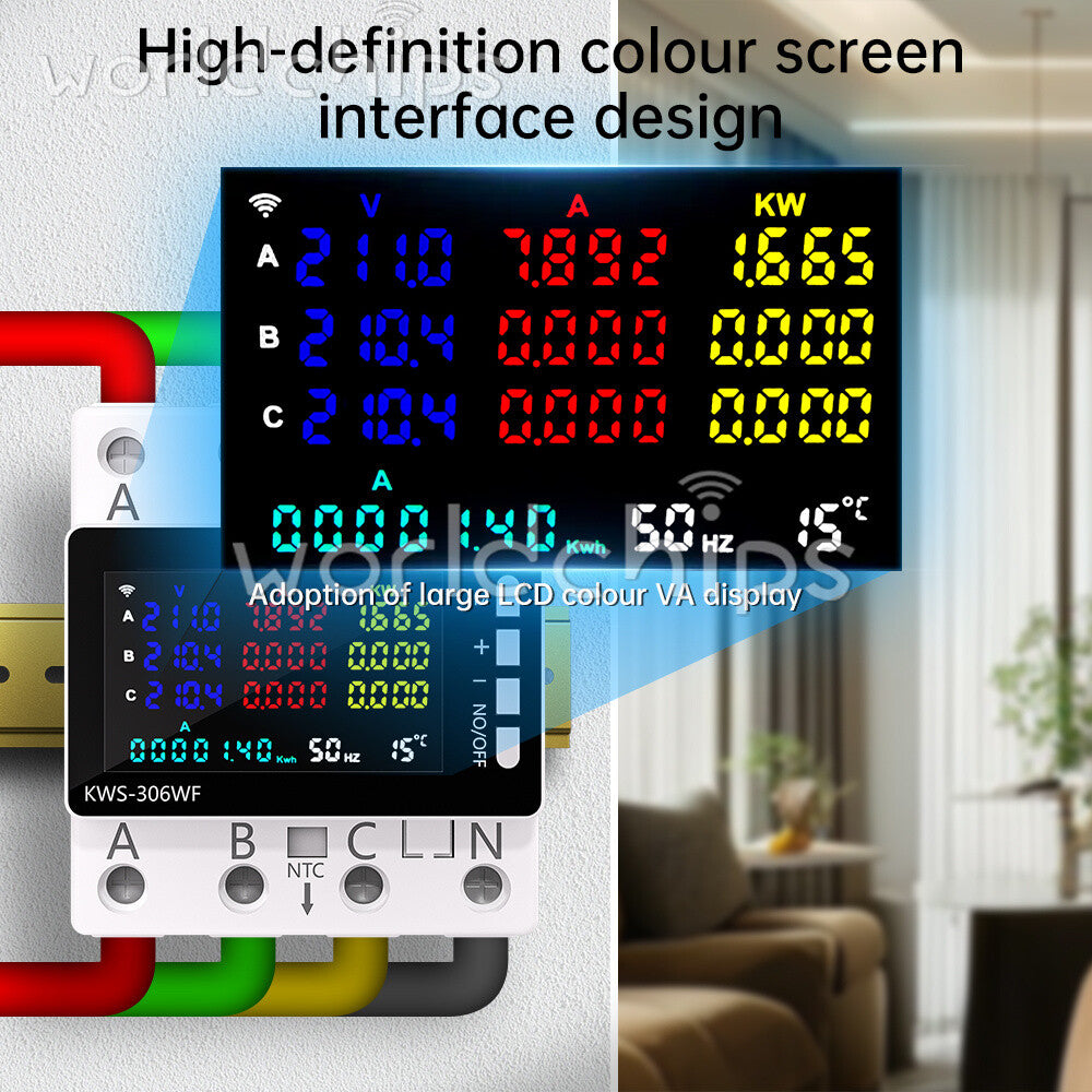 Electricity 3 Phase 4 Wire Energy Meter AC Power DIN Rail Wattmeter Consumption