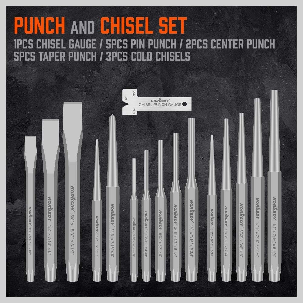 16-Piece Punch and Chisel Set, Including Taper Punch, Cold Chisels, Pin Punch, C