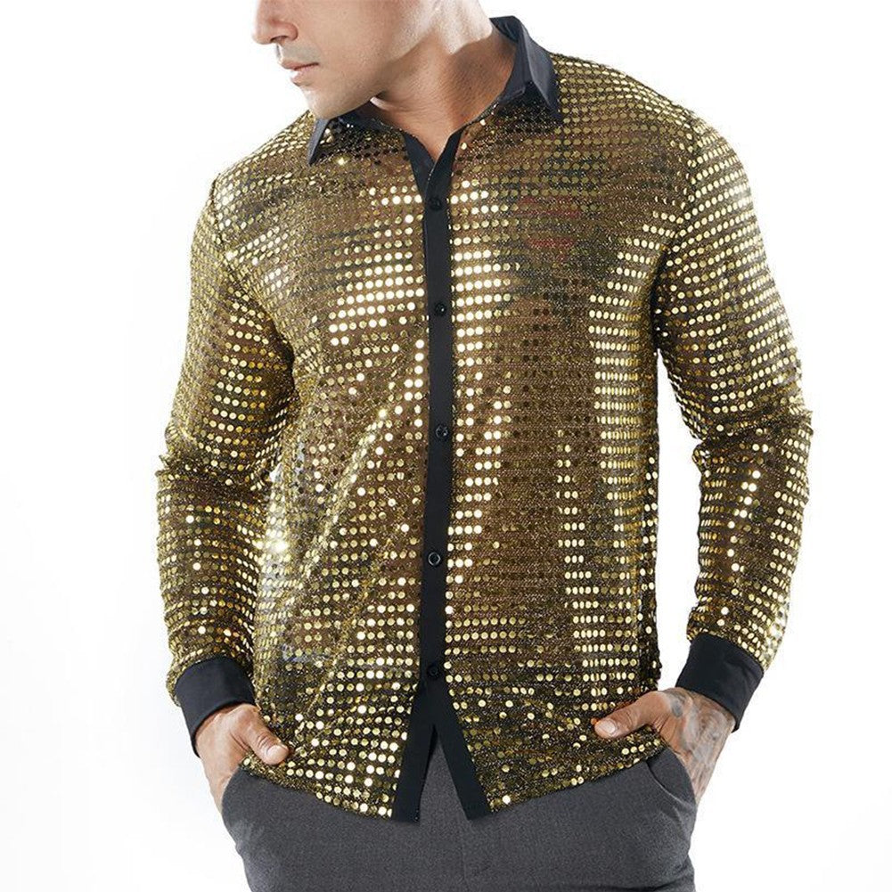 Men's Sparkly Sequin Party Dance Shirts Retro 70s Disco Nightclub Style Tops