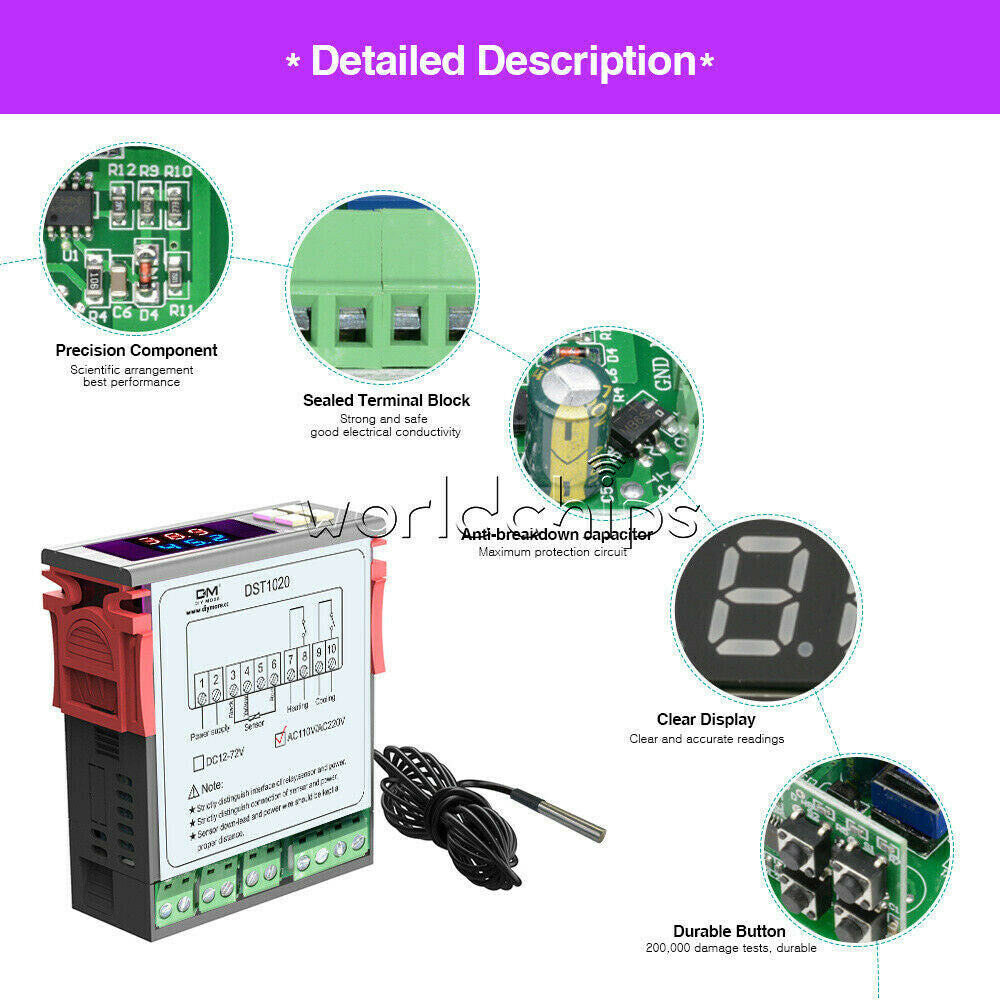 DST1020 Dual Display LED Digital Thermostat Temperature Controller DS18B20 Probe