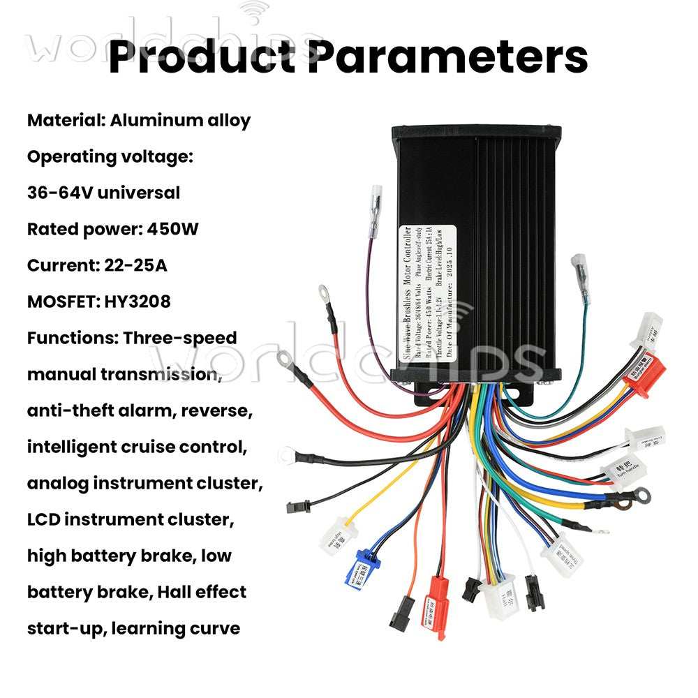 36V 48V 64V 450W Sine Wave 3-Mode 9-Tube MOS Silent Brushless Motor Controller