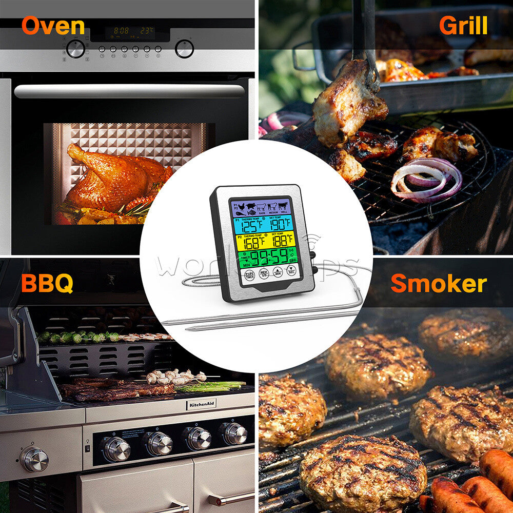 Touch Screen Backlight Dual Probes Kitchen Cooking Food BBQ Meat Thermometer