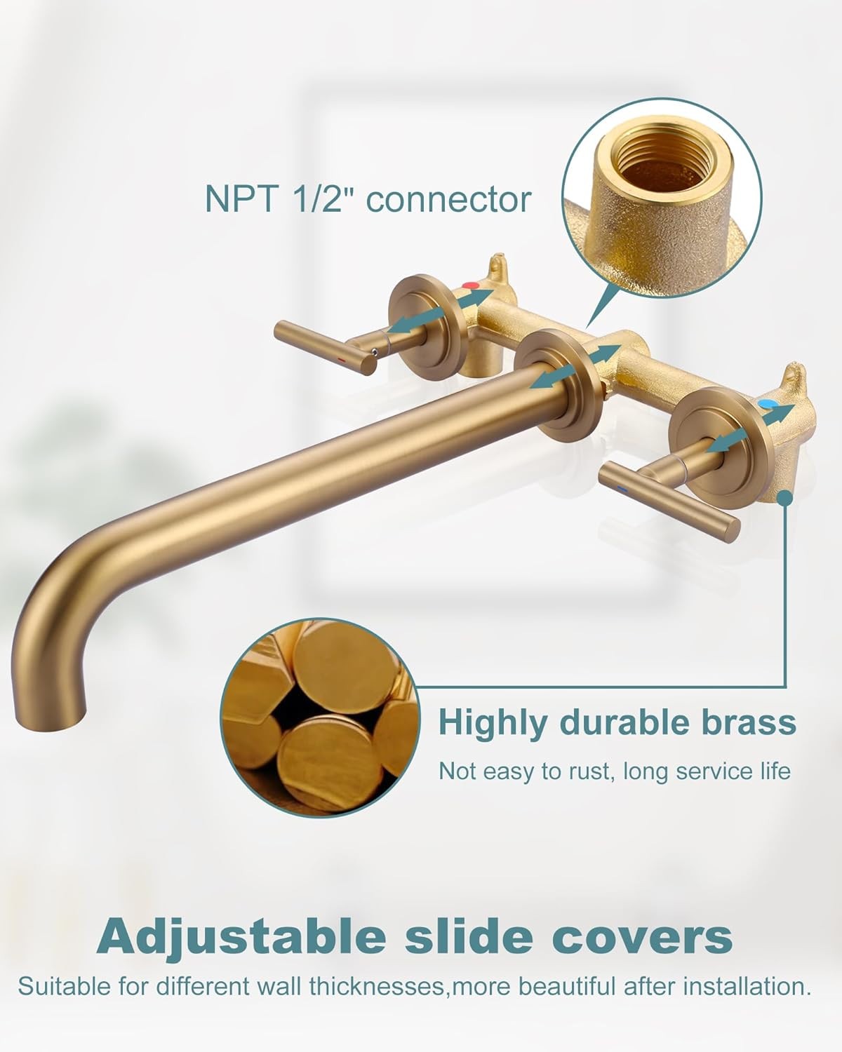 Gold Wall Mount Tub Faucet, Two Handles Solid Brass, Long Spout with Valve