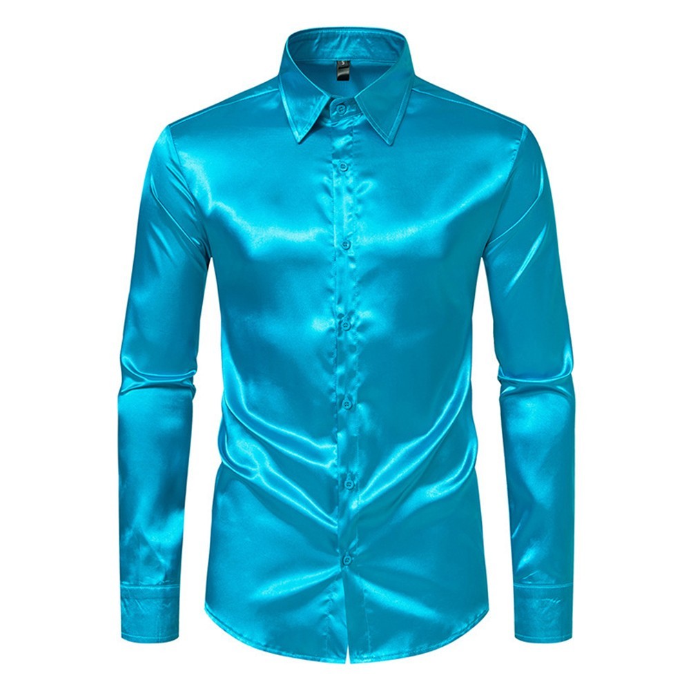 Trendy Mens Slim Fit Satin Silk Long Sleeve Shirt Button Down Party Shirts