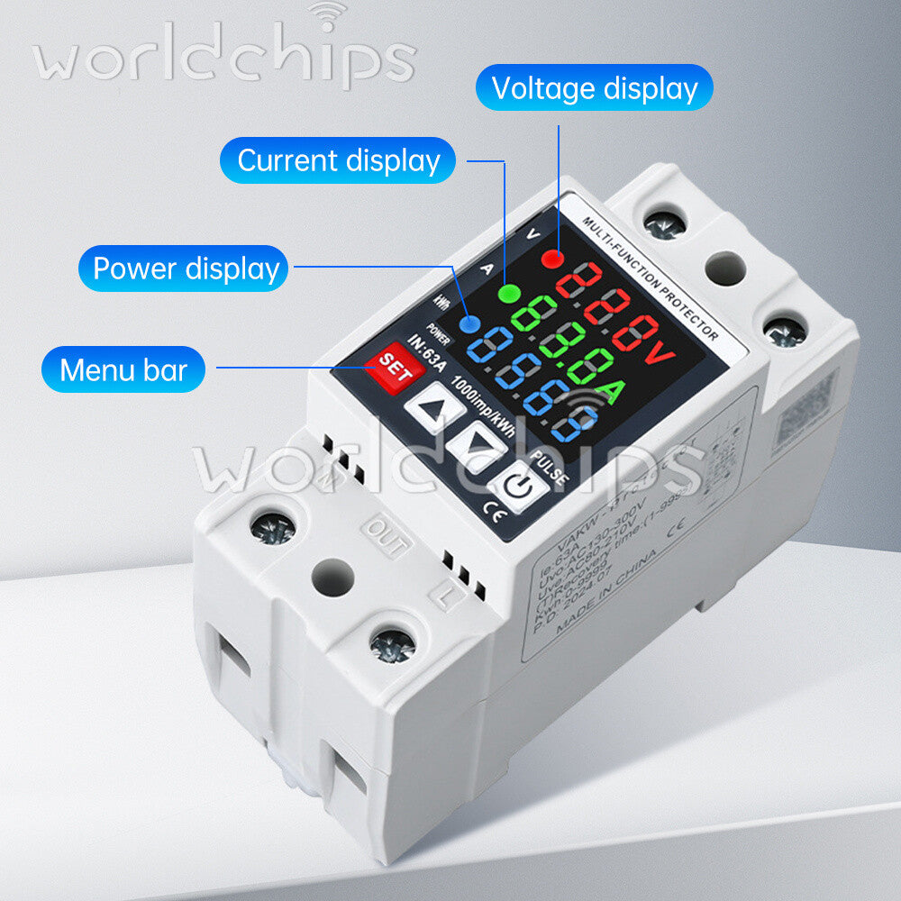 35mm Rail Self-Reclosing Voltage Current Power Meter KWh Voltmeter Ammeter 63A