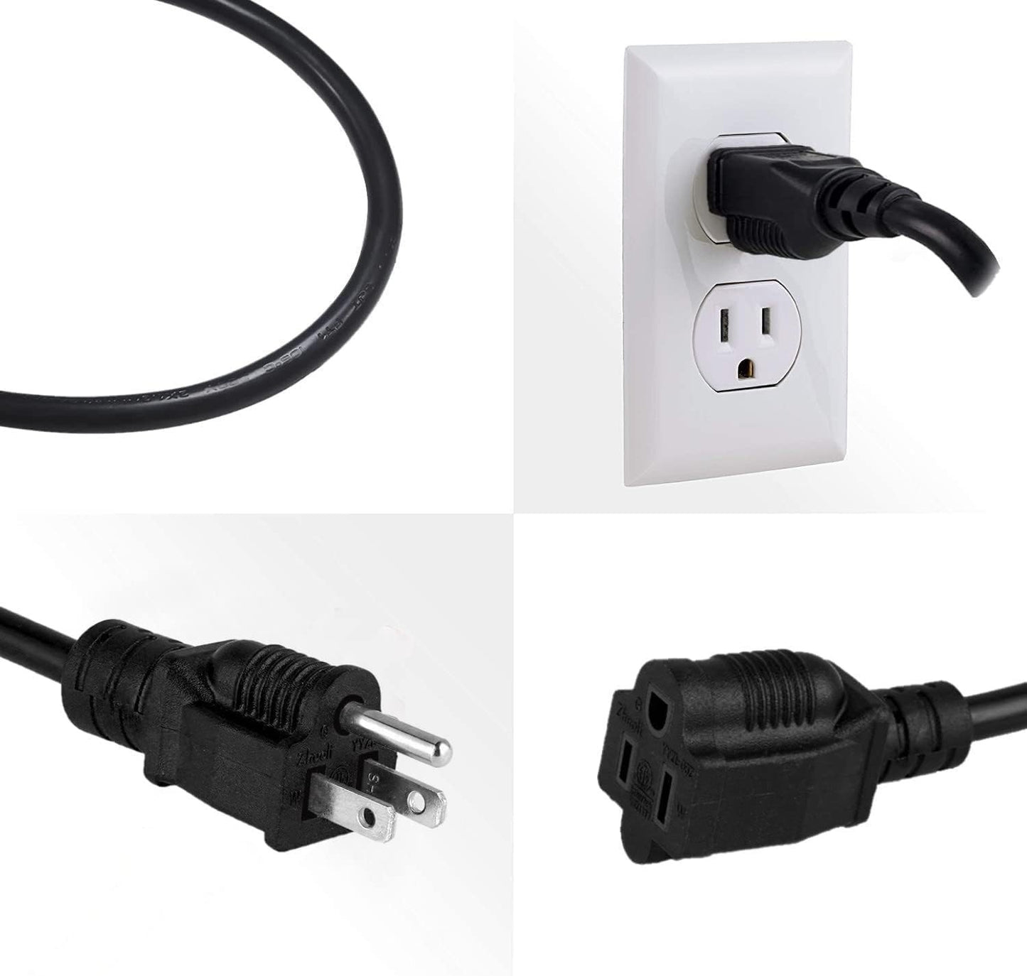 2 Pack 8FT Extension Cord 3 Prong 16 Gauge AWG Heavy Duty Power Cord, NEMA 5-15P