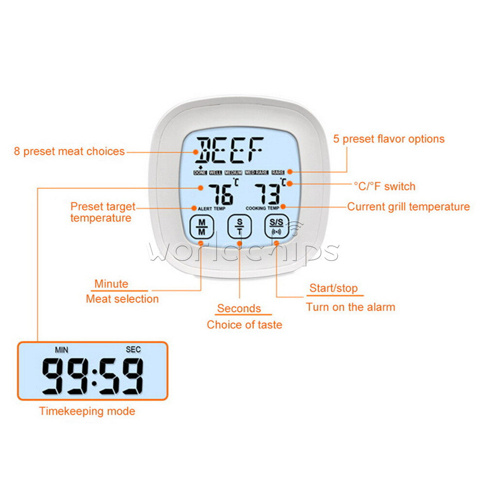 Digital Meat Thermometer for Oven BBQ Grill Food Cooking Touchscreen Timer alarm