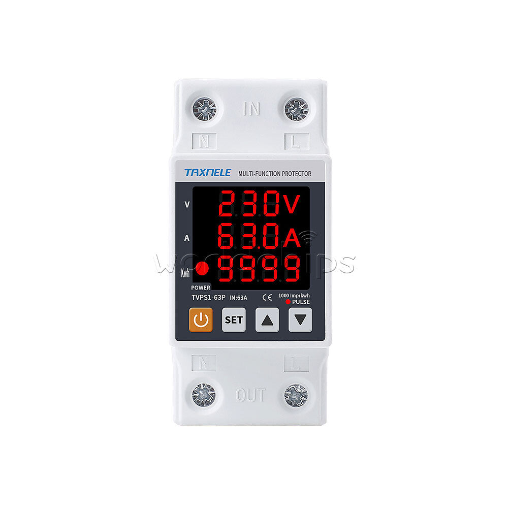 AC230V 63A Digital Din Rail Over Under Voltage Current Protection Energy Meter