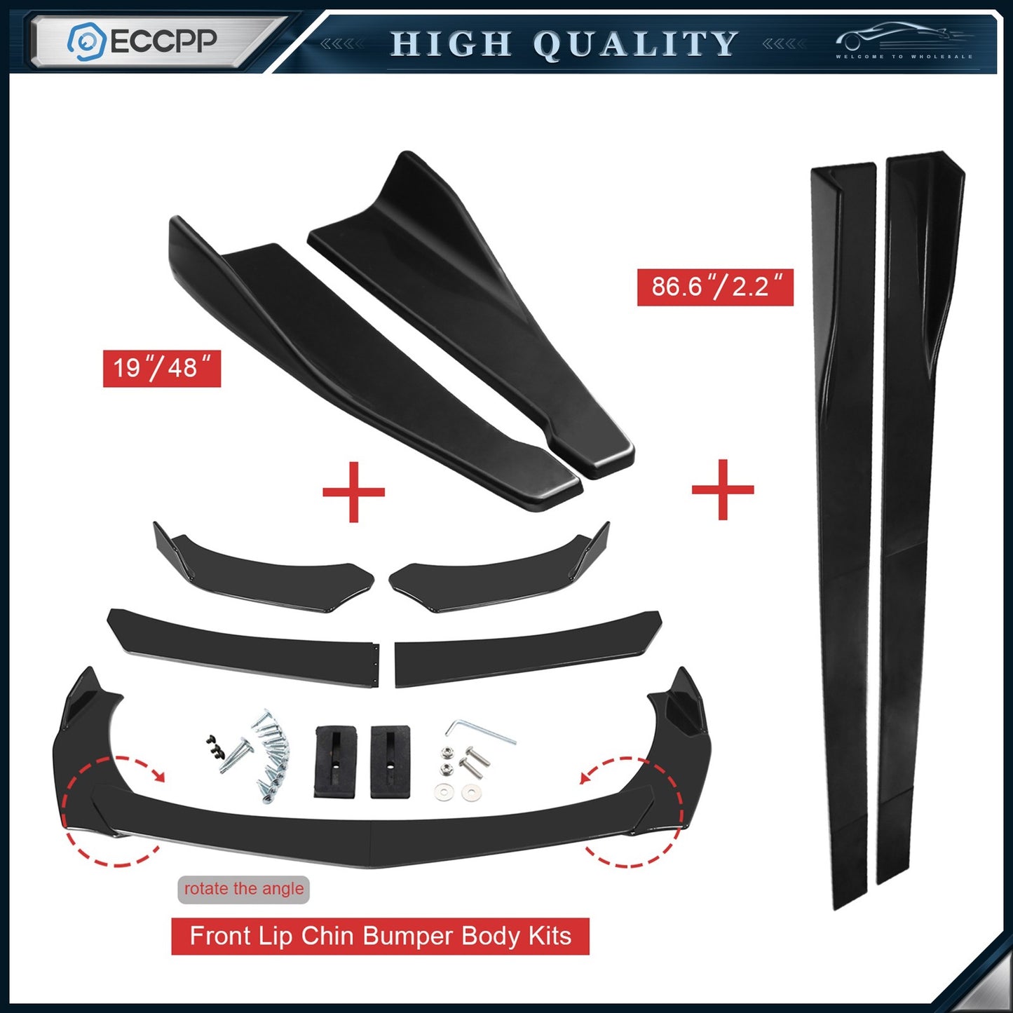Black Front Bumper Spoiler Body Kit / 86" Side Skirt /Rear Lip Fit For Universal