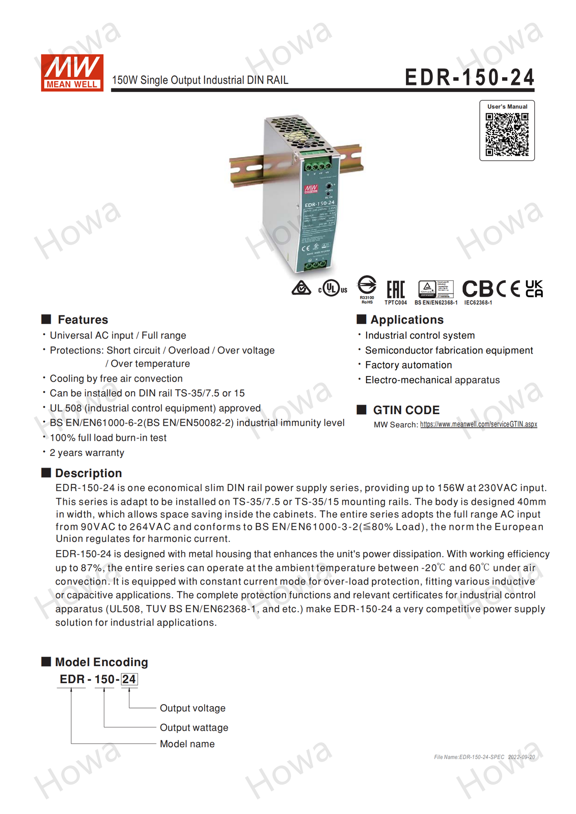 Mean Well EDR-150-24 AC/DC Industrial DIN rail power supply 150W 24V 6.5A