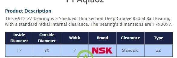 1PC NSK 6912 ZZ Deep Groove Radial Ball Bearing 17x30x7mm #P