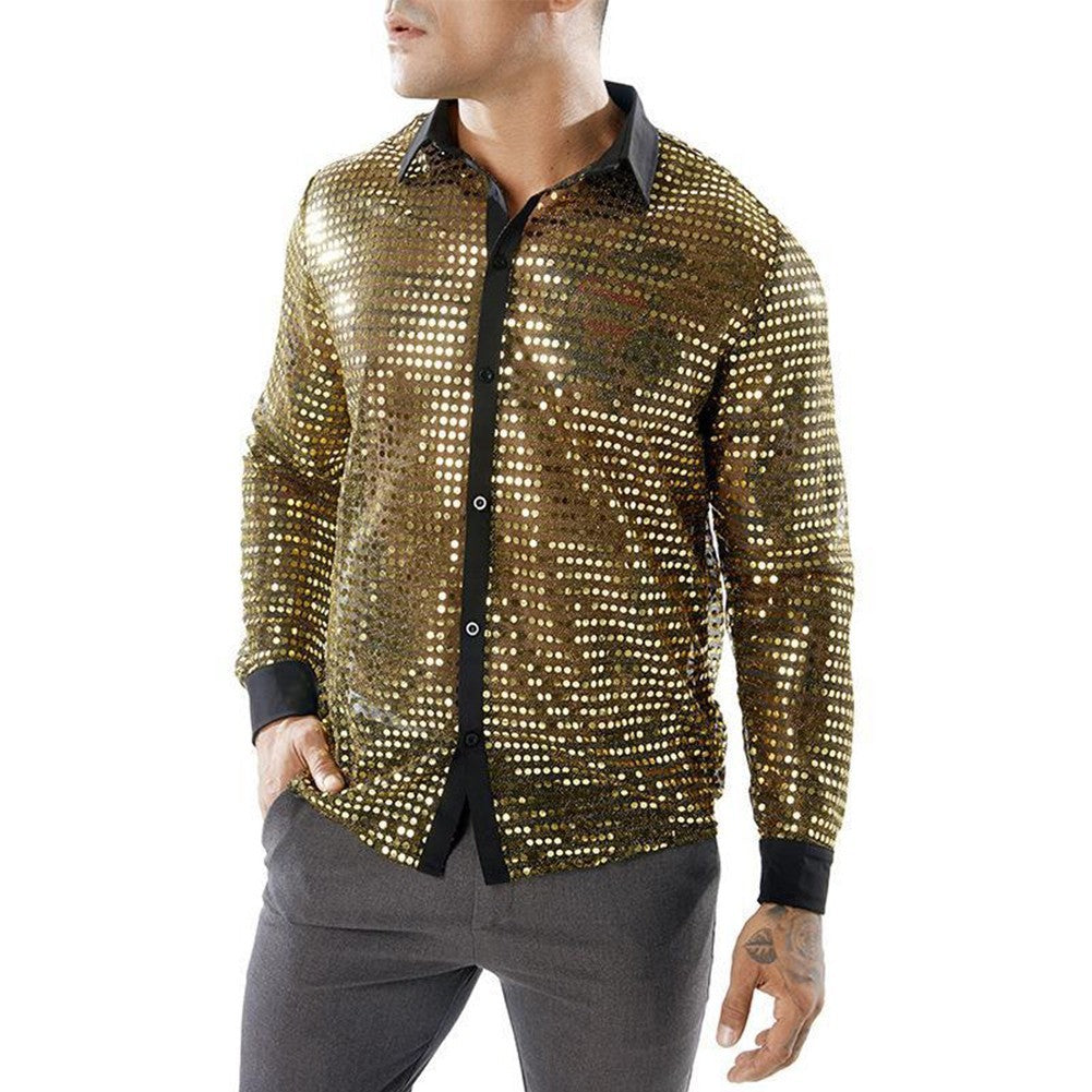 Men's Sparkly Sequin Party Dance Shirts Retro 70s Disco Nightclub Style Tops
