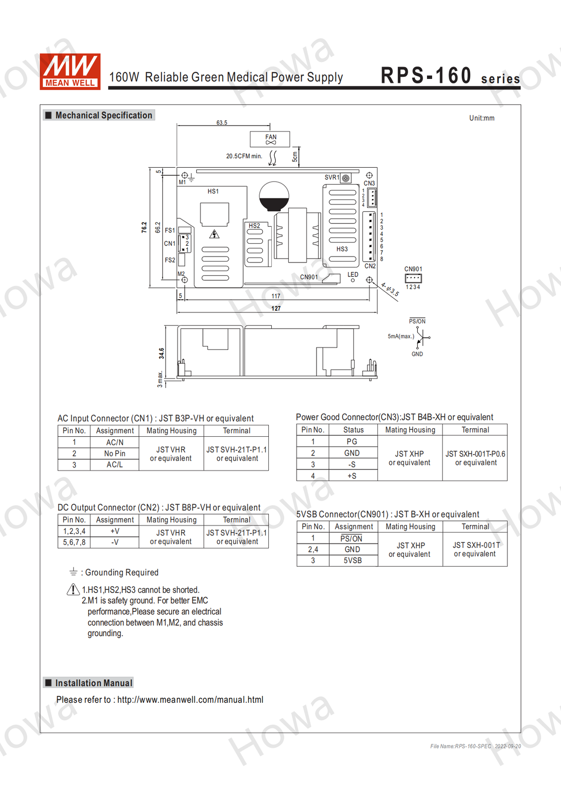 Mean Well RPS-160 Switching Power Supply Medical PCB Type 160W 12V15V24V48V5V