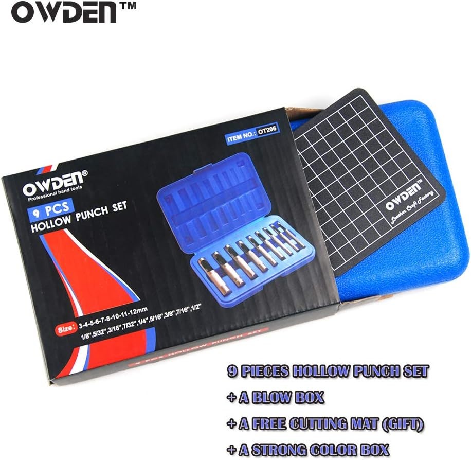 OWDEN 9 Pieces Hollow Punch Set (1/8"-1/2") with a Free Cutting MAT, Leather Hol