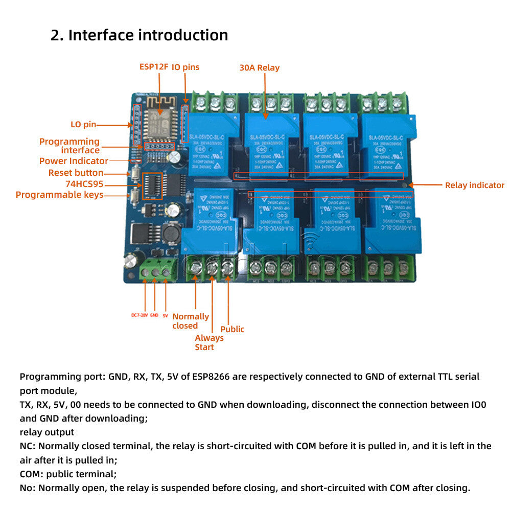 DC7-28V / DC5V ESP8266 WiFi 8 Channel 30A Relay Module ESP-12F Development Board