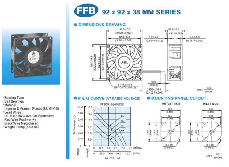 Delta Brushless Fan FFB0924EHE DC 24V 0.75A 92x92x38 mm  2/3 Pin