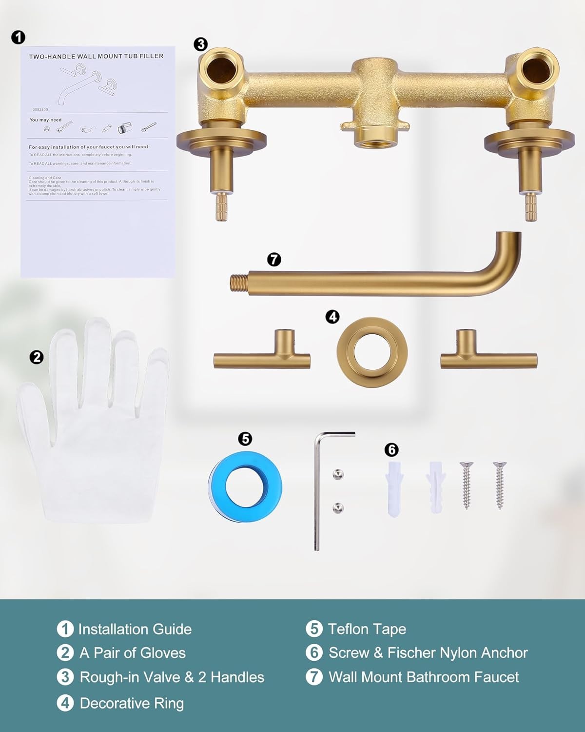 Gold Wall Mount Tub Faucet, Two Handles Solid Brass, Long Spout with Valve
