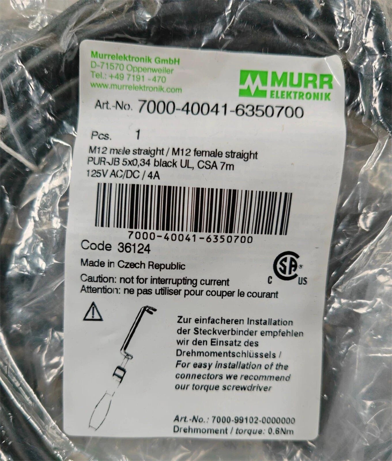 MURR  7000-40041-6350700  M12 male straight /M12 FEMALE STRAIGHT CSA 7m 125V