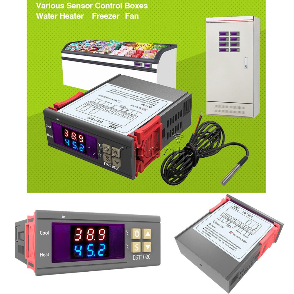 DST1020 Dual Display LED Digital Thermostat Temperature Controller DS18B20 Probe