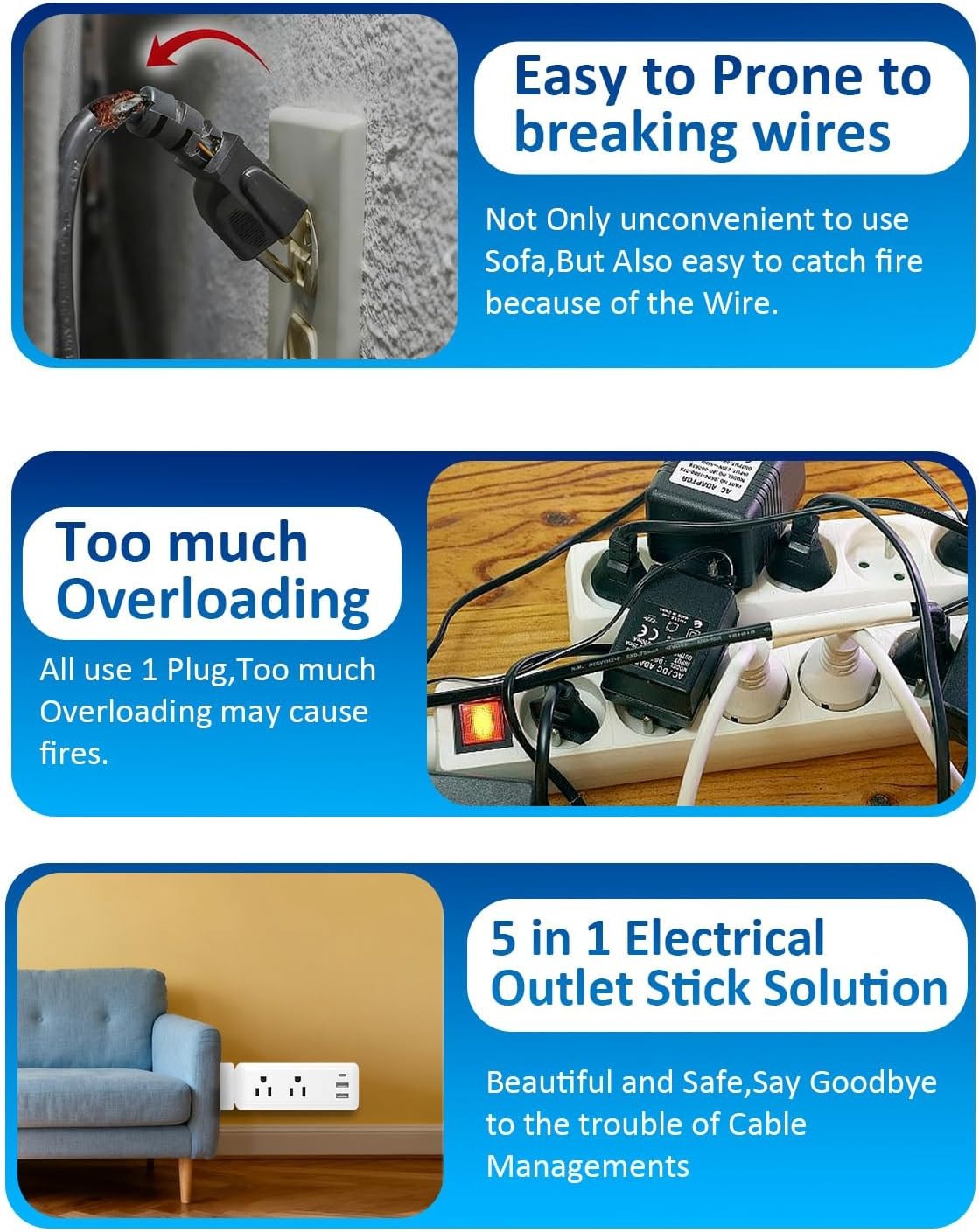 Outlet Extender Stick, 22"-34" Vertical, 2 AC Outlets & USB Ports, Rotating