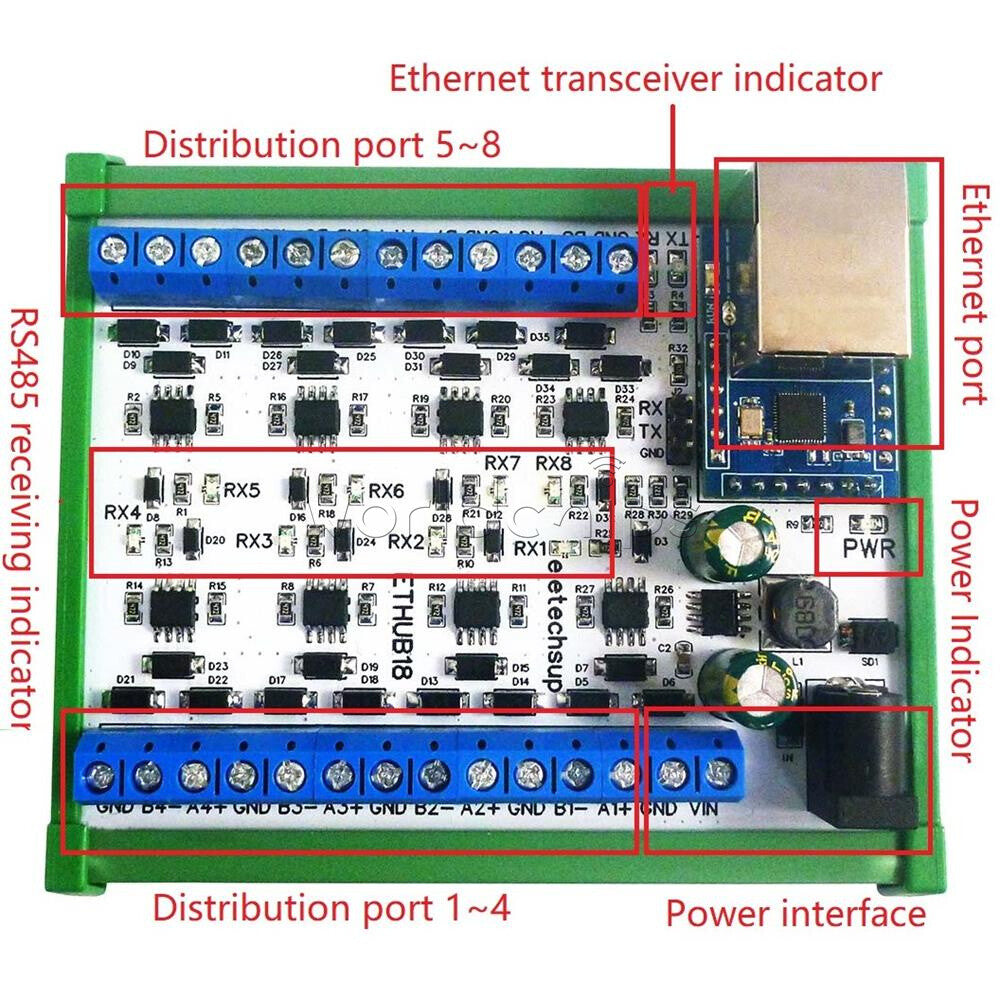 8CH DC12-24V Ethernet Network RJ45 to 8 Port RS485 HUB Converter For UDP TCP Mod