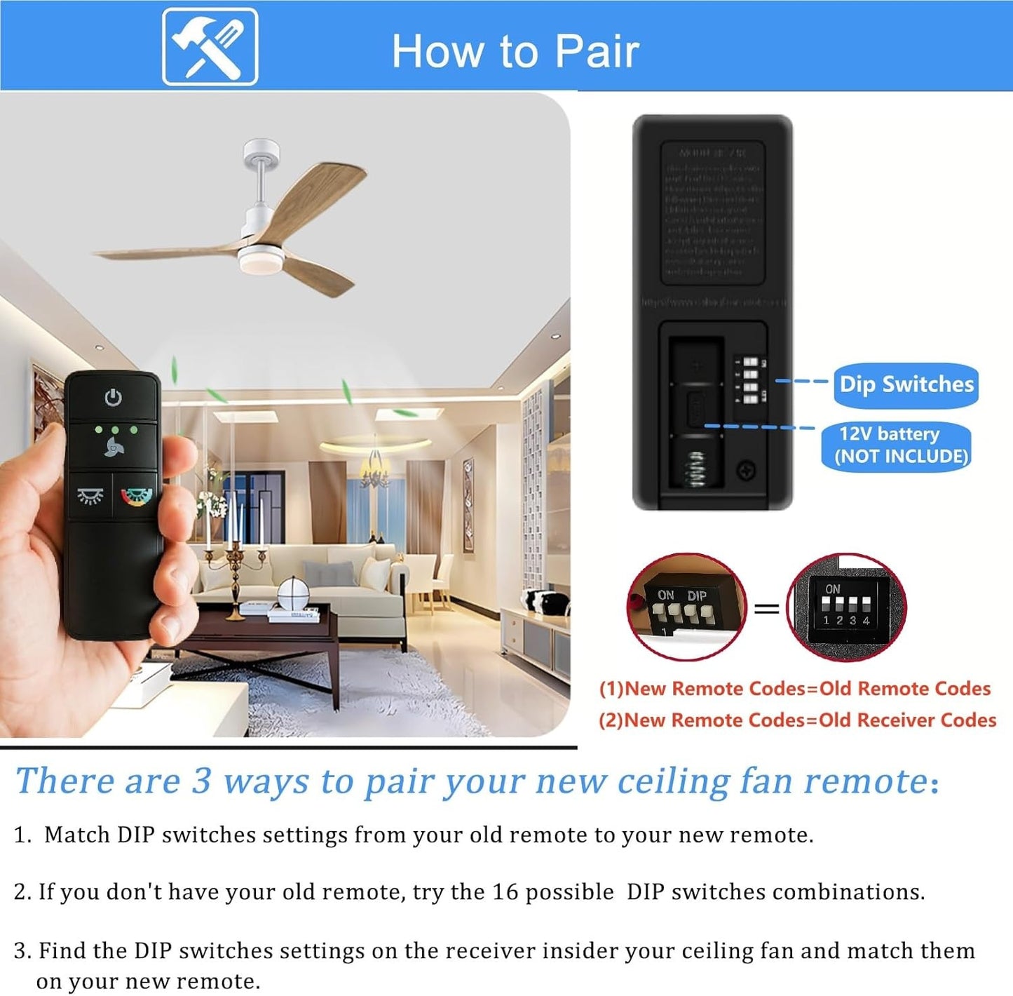 Ceiling Fan Remote Control Replacement, 3-Speed & Dimmer, 4 Dip Switches