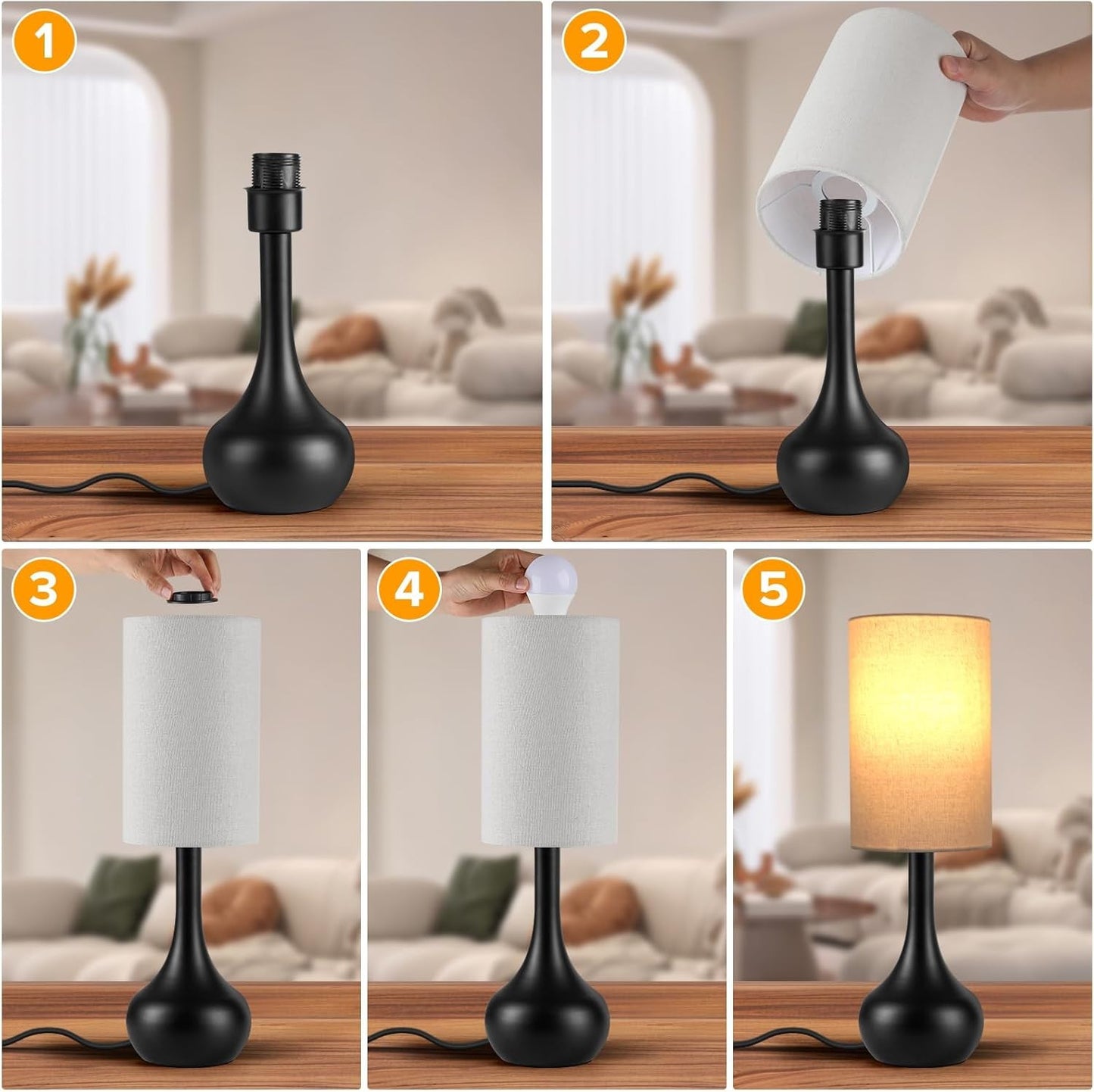 Touch Table Lamp for Nightstand, 3-Way Dimmable, Space Saving & No Assembly Requ