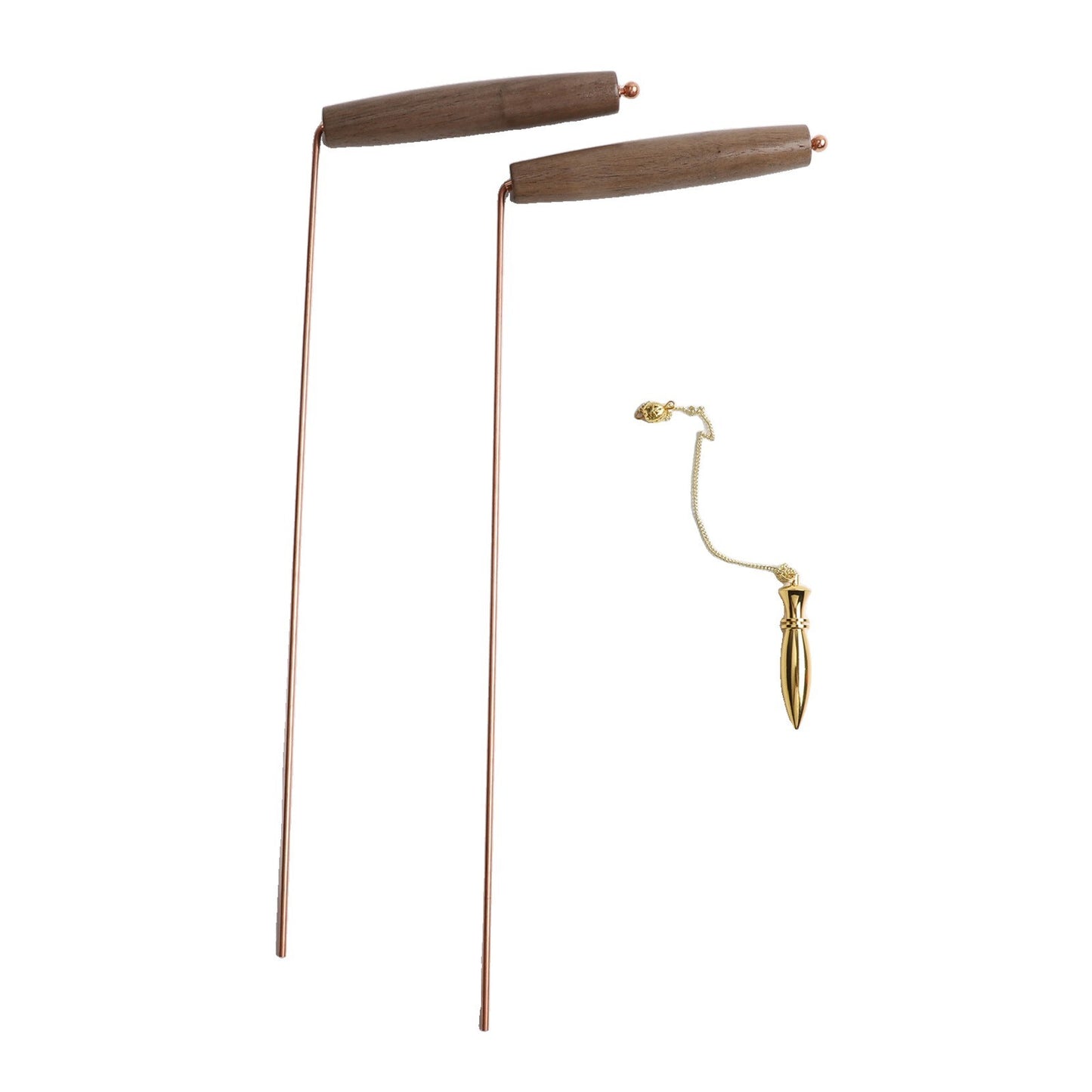 Natural Walnut Handle Dowsing Rod Set with Solid Brass Pendulum for Divination