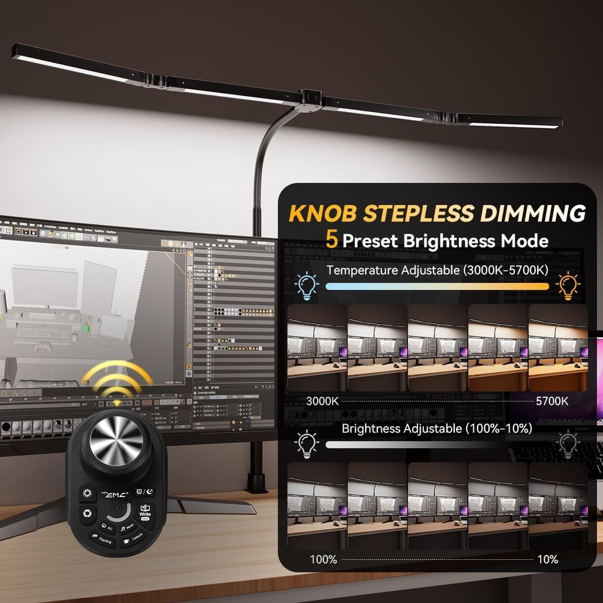 Adjustable LED Desk Lamp, Stepless Dimming & Color Temp, Clamp Base