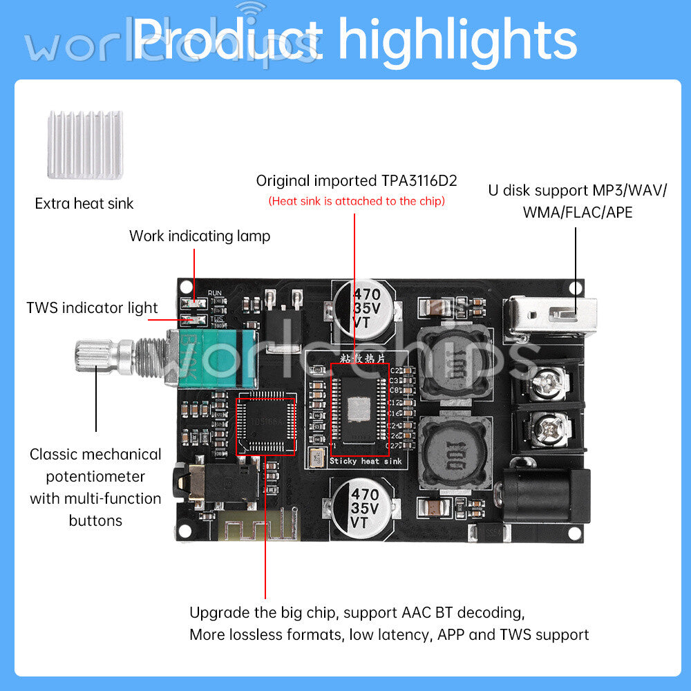 ZK-1001B 100W TPA3116D2 Audio Power Amplifier Bluetooth5.1 TWS Pair Box Function