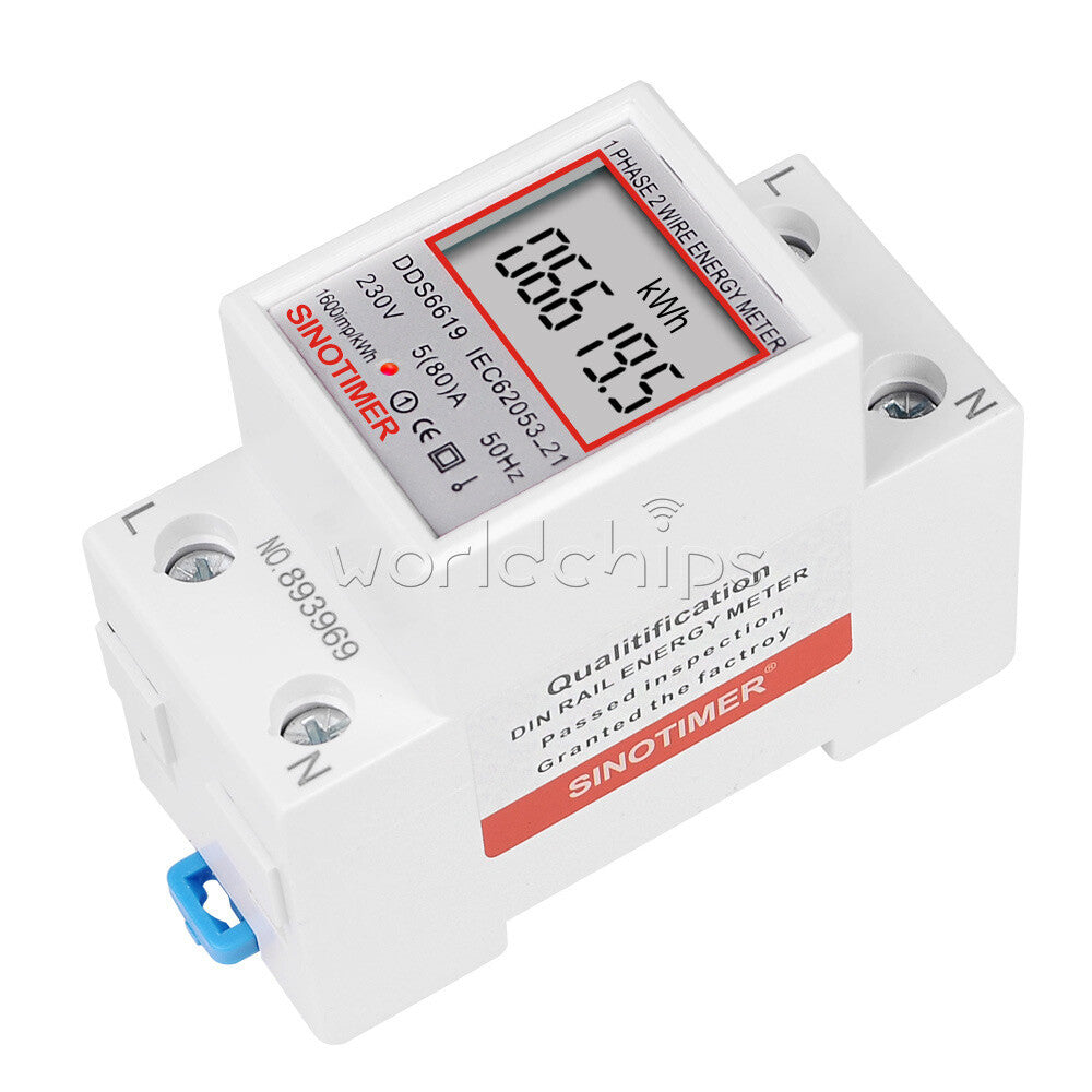 DDS6619 5-80A 230V LCD Digital Single Phase Energy Watt KWh Meter DIN Rail Mount