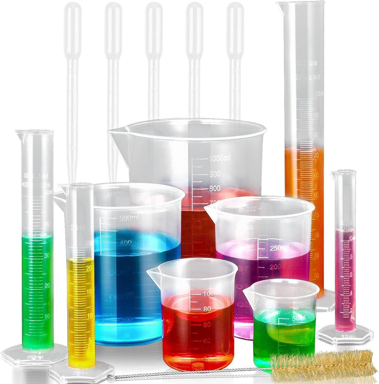 Plastic Graduated Cylinders and Beakers with 5 Pipettes, 10Ml 25Ml 50Ml 100Ml Cy
