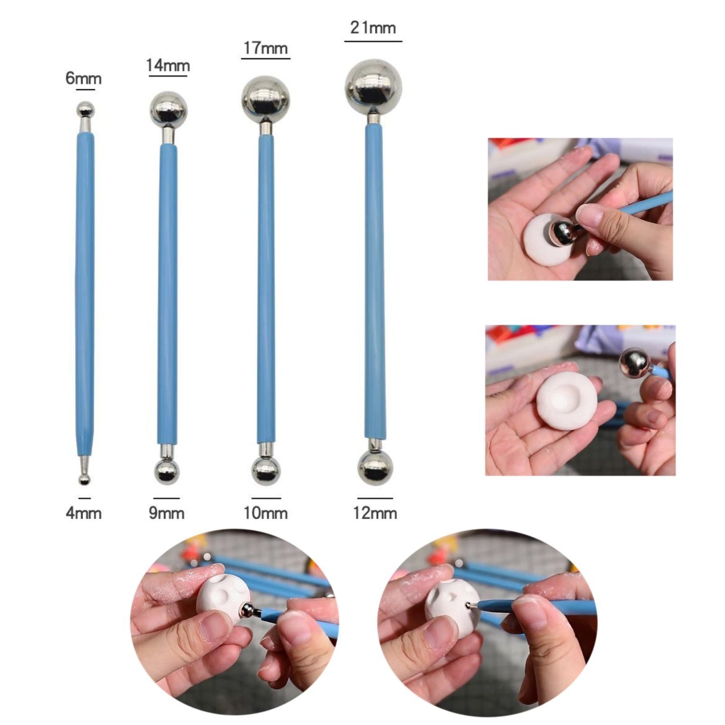 4x/Pack Double Ended Round Head Stylus Clay Tool Clay Sculpting Concave Tool Kit