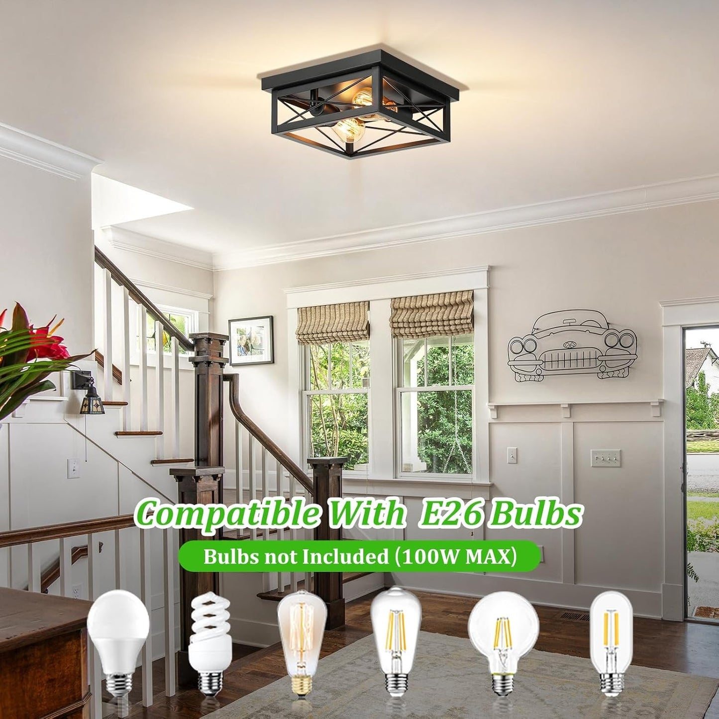 2-Light Industrial Flush Mount Ceiling Fixture, Square, Farmhouse Style, Black
