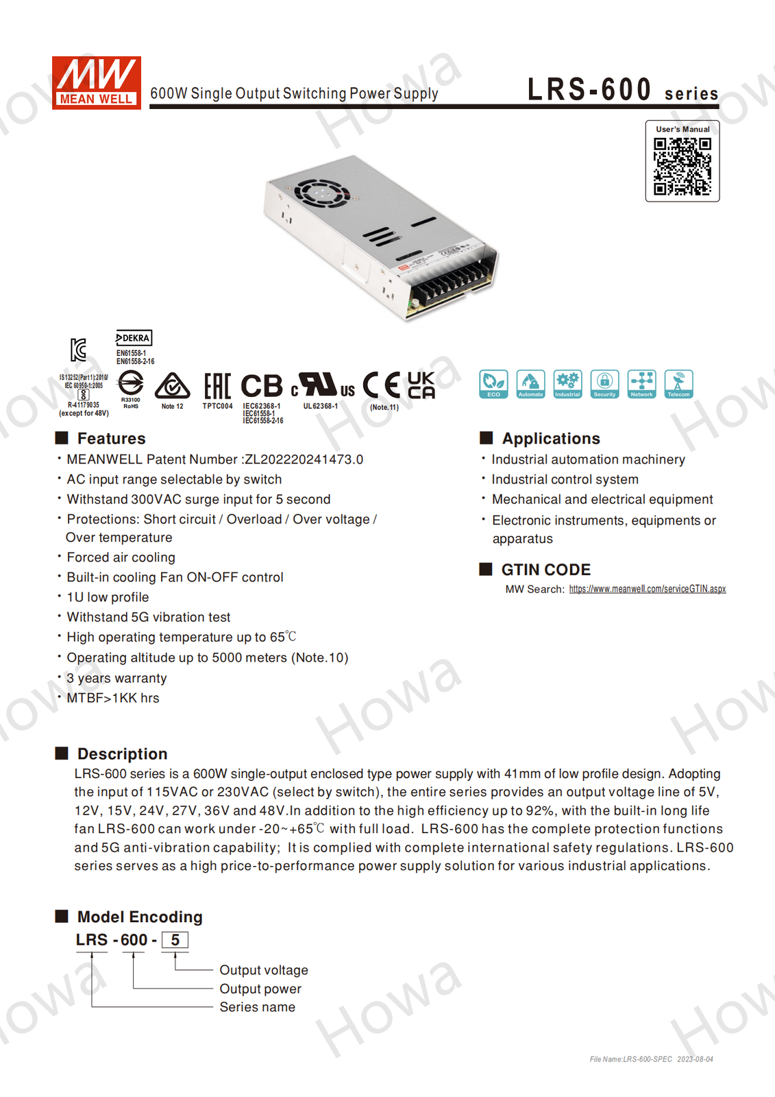 Mean Well Switching Power Supply LRS-600 12V24V5V15V36V48V 600W DC High Power