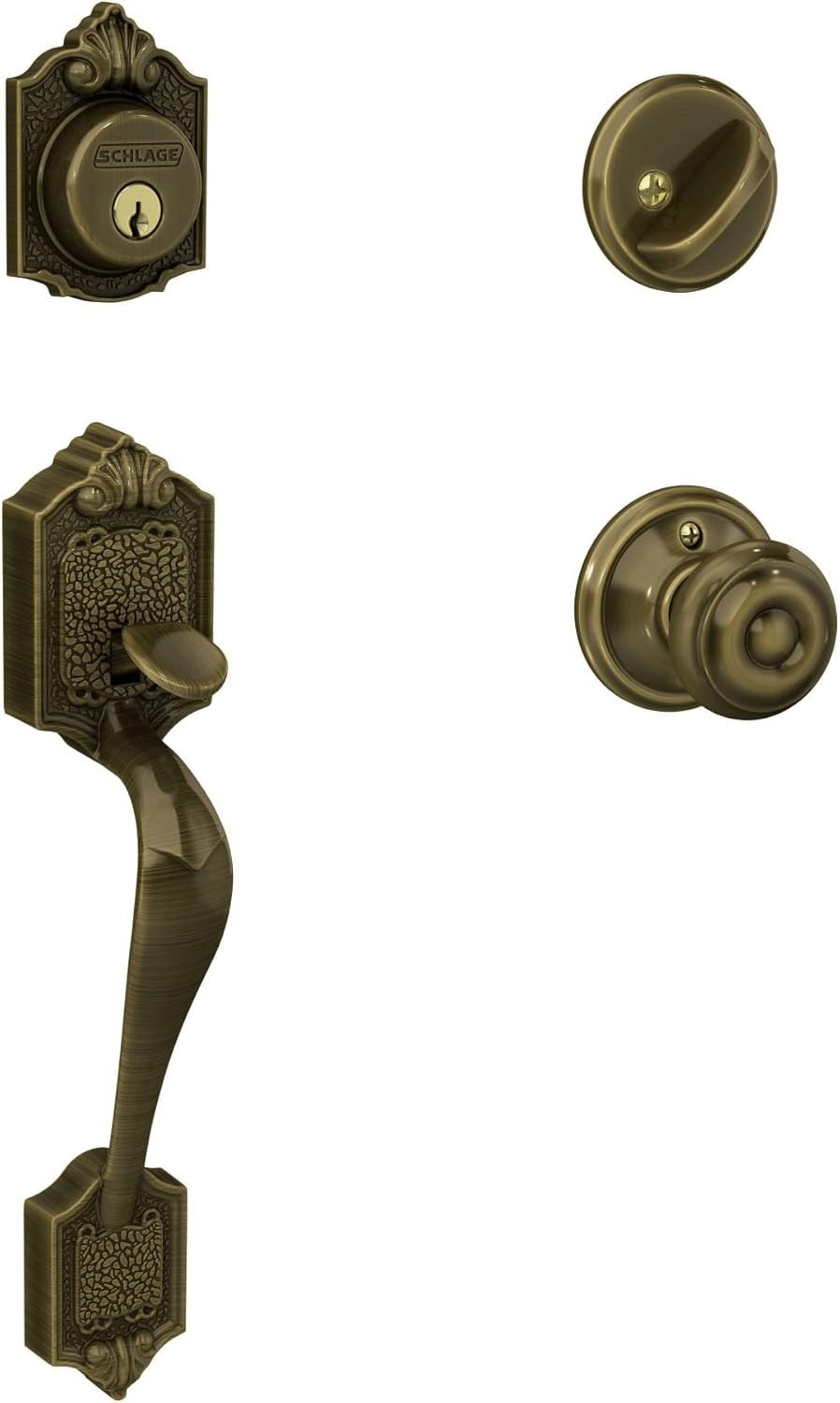 Parthenon Front Entry Handleset, F60, Georgian Knob, Deadbolt, Antique Brass