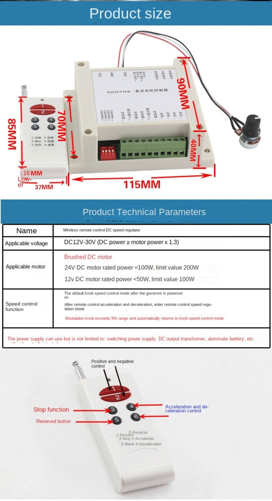 12V-30V Wireless Remote Motor Speed Control Board DC Motor Speed Controller
