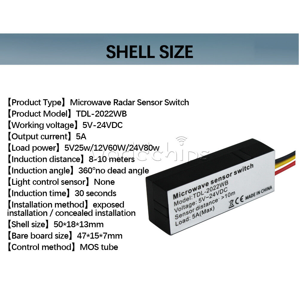 TDL-2022WB 5V 12V 24V Microwave Radar Sensor Induction Switch 5A 360° 8-10m