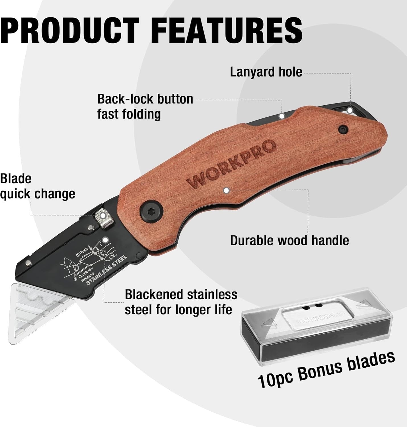 Folding Utility Knife with Stainless Steel Head, Quick-Change Blade & Back Lock,