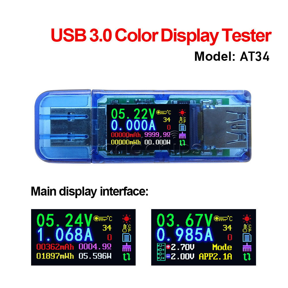 AT34 USB 3.0 LCD Voltage Current Power Capacity Meter Tester Voltmeter Ammeter