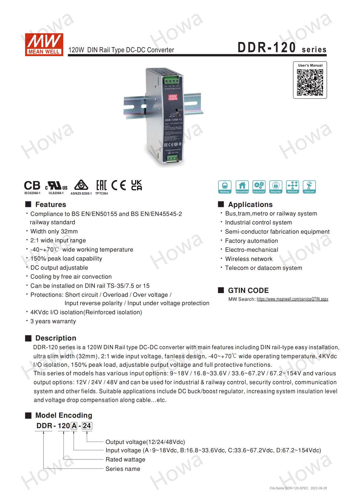 Mean Well Switching Power Supply DDR-120A/B/C/D 120W 12/24/48V DC to DC Rail Typ